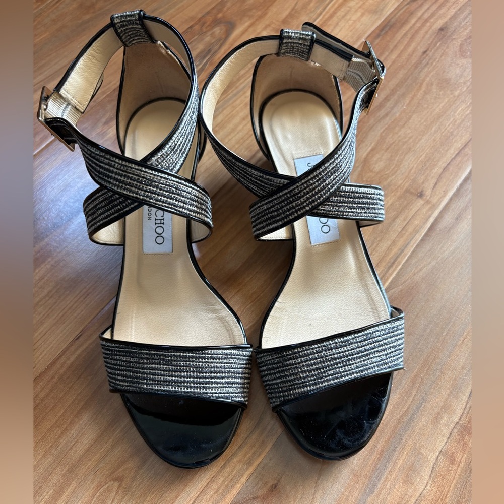 Jimmy Choo Striped Black and Tan Sandals